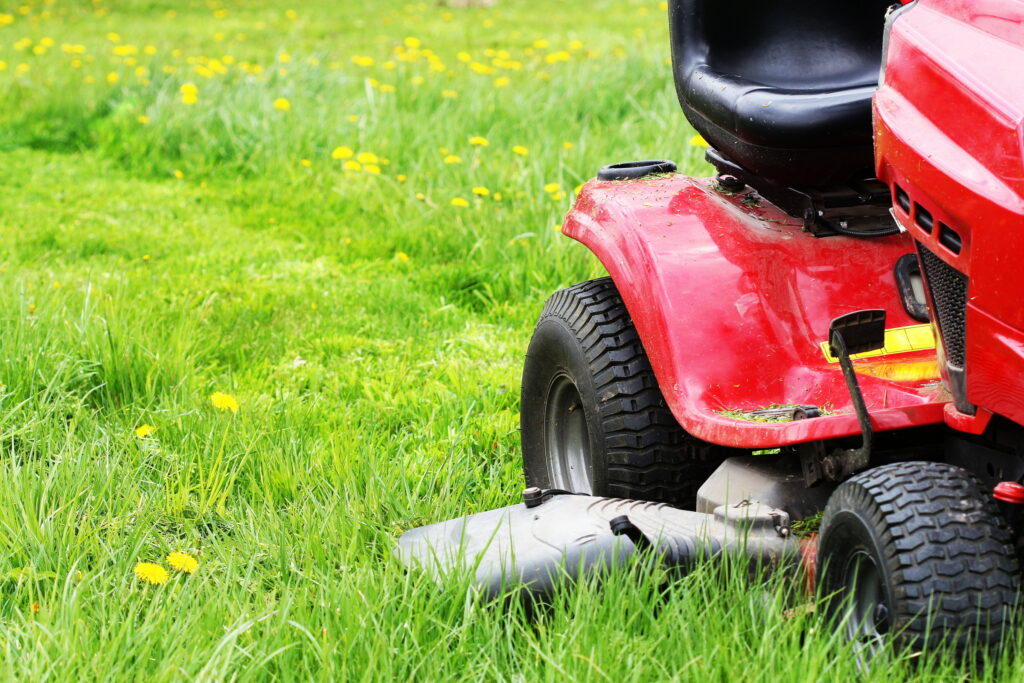 Gardener driving a riding lawn mower in a garden . Cutting grass