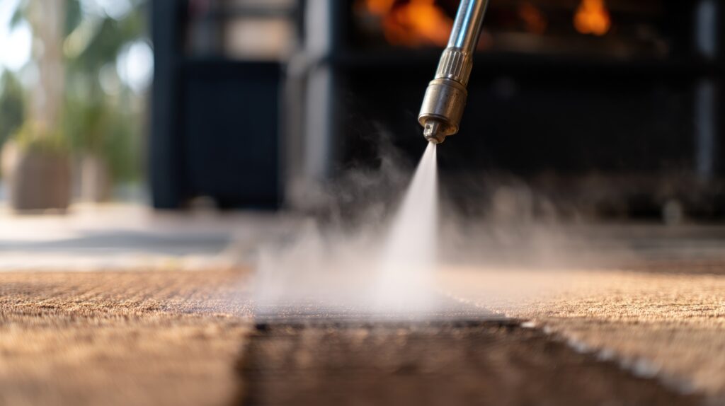 Outdoor surface pressure washing cleaning process with high pressure water jet spray tool for home or commercial property maintenance