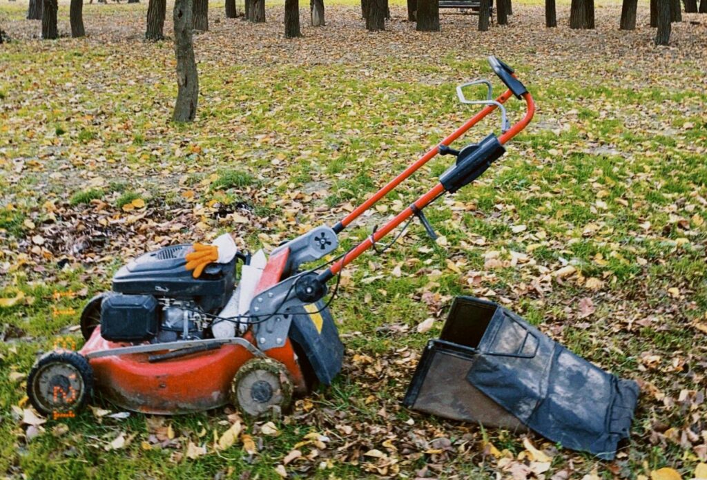 A lawn mower rests in a green forest clearing, surrounded by trees.